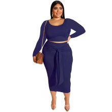 2021 Women fall fashionable crop top and bodycon midi skirt solid long sleeve 2 two piece pants set women's plus size clothing